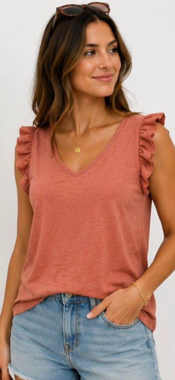Eri + Ali Rust Pink Ruffle Sleeve V-Neck Top Medium Boho Cotton Blouse